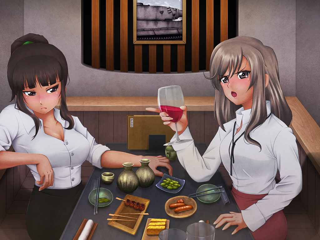 2girls alcohol black_ribbon blush bottle brown_eyes brown_hair casual chopsticks commentary cup dish drinking_glass drunk edamame_(food) food girls_und_panzer ground_vehicle hairi high_ponytail indoors long_hair looking_at_another loose_neckwear menu military military_vehicle motor_vehicle multiple_girls nishizumi_shiho no_jacket pencil_skirt plate restaurant ribbon sake_bottle sausage shimada_chiyo sitting skewer skirt table tank tray tsurime unbuttoned unbuttoned_shirt wine wine_glass