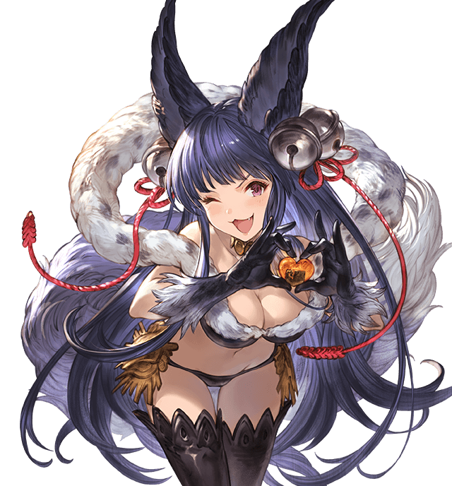 1girl ;d alpha_transparency animal_ears bangs bare_shoulders bell black_gloves black_hair black_legwear blunt_bangs blush breasts chocolate chocolate_heart erune fang fox_ears fox_tail fur fur_trim gloves granblue_fantasy hair_bell hair_ornament heart heart_hands jingle_bell large_breasts long_hair looking_at_viewer minaba_hideo navel official_art one_eye_closed open_mouth red_eyes revealing_clothes smile solo tail thigh-highs transparent_background valentine very_long_hair yuel_(granblue_fantasy)