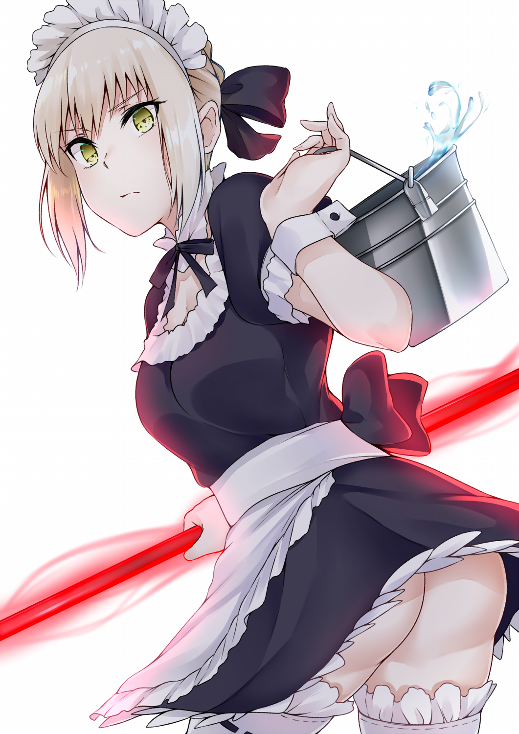 1girl artoria_pendragon_(all) artoria_pendragon_(swimsuit_rider_alter) ass blonde_hair braid breasts bucket fate/grand_order fate_(series) french_braid garters highres looking_at_viewer maid_headdress saber_alter small_breasts solo thighs white_background wrist_cuffs yellow_eyes yuu-kun_(linke_hand)