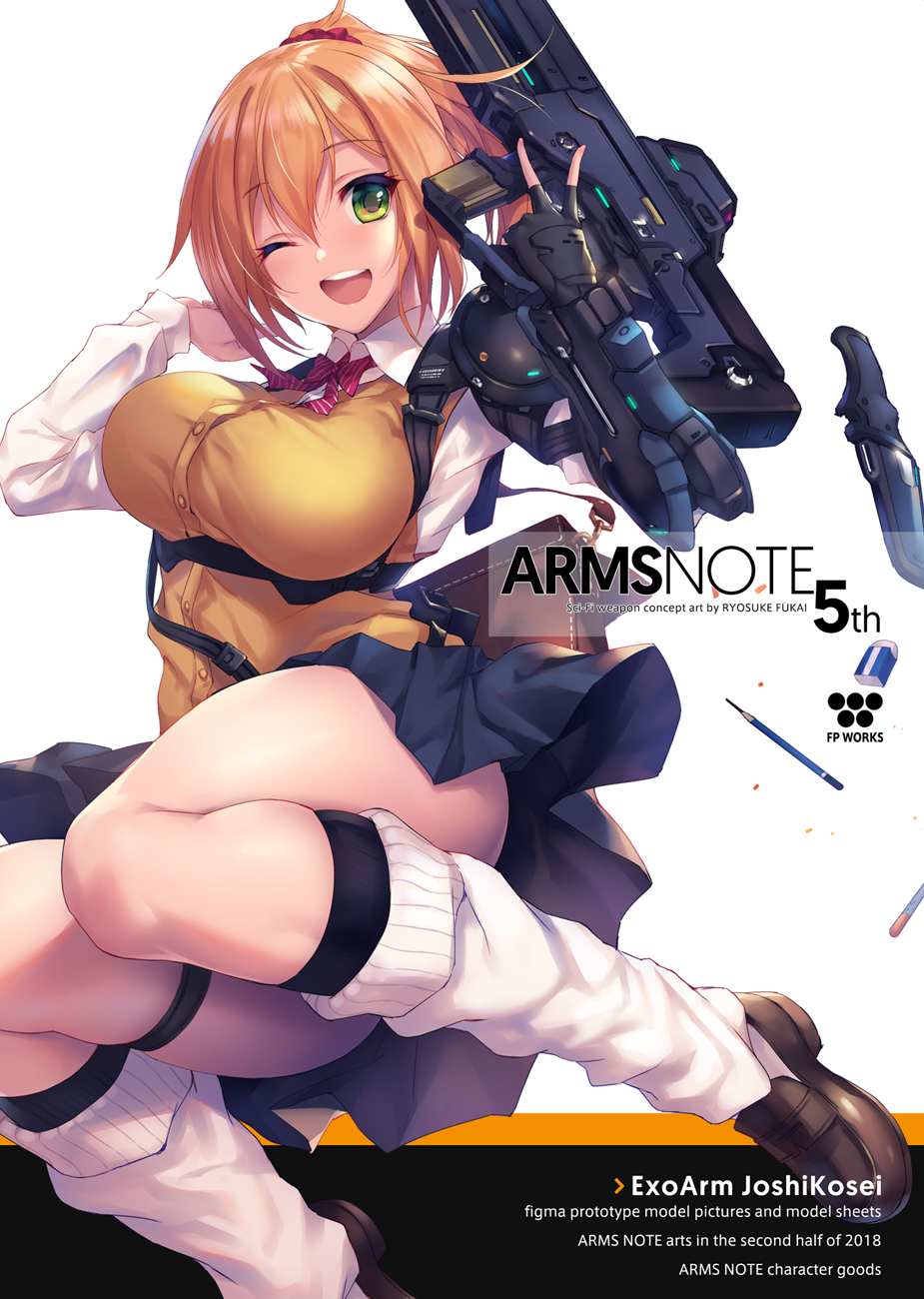 arms_note artist_name bag blonde_hair bow breasts cardigan_vest character_name commentary_request copyright_name eraser exoarm_joshikousei fukai_ryousuke green_eyes gun highres knife large_breasts loafers loose_socks one_eye_closed pencil pleated_skirt ponytail red_bow rifle school_bag shoes skirt smile weapon