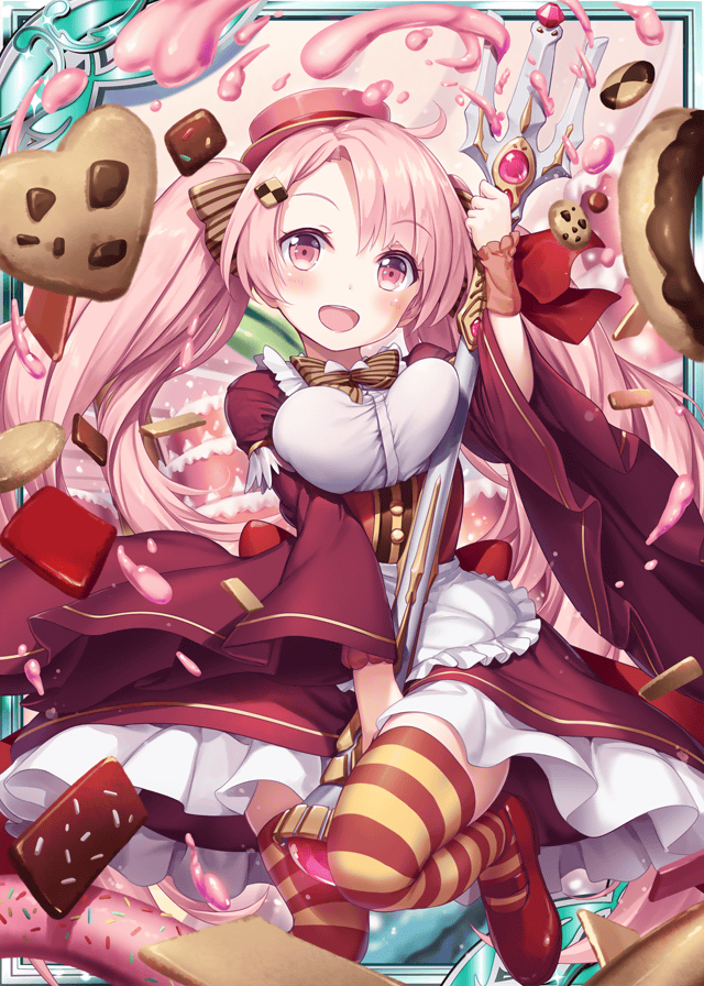 1girl :d akkijin breasts brown_ribbon cake candy card_(medium) chocolate cookie doughnut food hat heart large_breasts long_hair looking_at_viewer official_art open_mouth pink_eyes pink_hair pink_hat polearm ribbon shinkai_no_valkyrie smile striped striped_ribbon thigh-highs trident twintails weapon