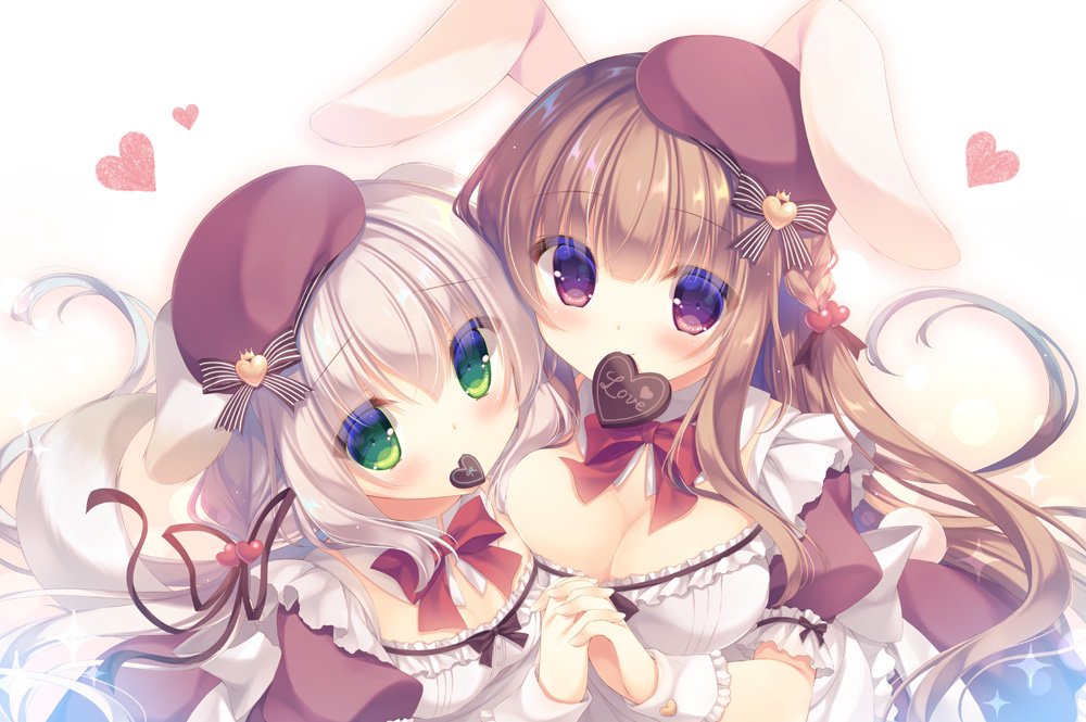2girls animal_ears beret blush bow braid breasts brown_dress brown_eyes brown_hair bunny_girl bunny_tail chocolate chocolate_heart cleavage collar commentary_request detached_collar dog_ears dog_girl dog_tail dress fingernails food_in_mouth green_eyes hair_ornament hand_holding hat heart heart_hair_ornament interlocked_fingers large_breasts light_brown_hair long_hair looking_at_viewer mouth_hold multiple_girls original puffy_short_sleeves puffy_sleeves rabbit_ears red_bow red_hat short_sleeves small_breasts smile sparkle tail valentine very_long_hair white_collar wrist_cuffs yukie_(peach_candy)