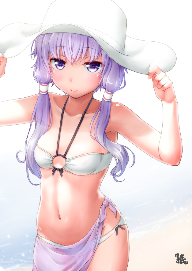 1girl armpits arms_up ayama_yuiya bangs bare_arms bare_shoulders bikini blush breasts closed_mouth collarbone cowboy_shot eyebrows_visible_through_hair gradient gradient_background halter_top halterneck hands_on_headwear hat looking_at_viewer navel o-ring o-ring_bikini o-ring_top purple_hair sarong short_hair_with_long_locks sidelocks signature small_breasts smile solo stomach sun_hat swimsuit violet_eyes vocaloid voiceroid white_background white_bikini yuzuki_yukari