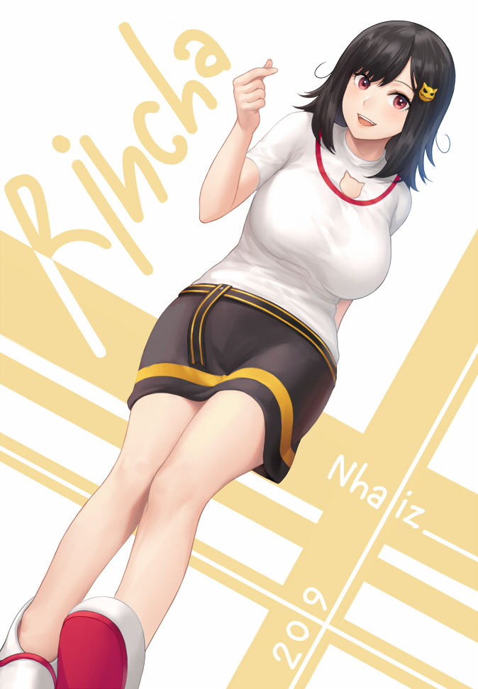 1girl 2019 :d arm_behind_back artist_name bangs black_hair black_skirt breasts cat_cutout character_name commentary english_commentary from_below hair_ornament hairclip hand_up large_breasts looking_at_viewer medium_hair medium_skirt natsuyu no_socks open_mouth original parted_bangs red_eyes red_footwear rincha_(natsuyu) shiny shiny_hair shirt shoes short_sleeves sidelocks skirt smile solo standing white_background white_shirt yellow_background