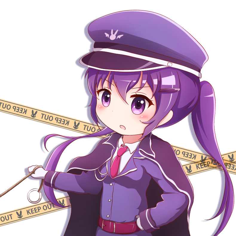 1girl bangs belt belt_buckle blush breasts buckle caution_tape collared_shirt commentary_request eyebrows_visible_through_hair gloves gochuumon_wa_usagi_desu_ka? goth_risuto hair_between_eyes hair_ornament hairclip hand_on_hip hat holding jacket keep_out long_hair long_sleeves looking_away necktie parted_lips peaked_cap pink_neckwear purple_hair purple_hat purple_jacket red_belt shirt simple_background small_breasts solo tedeza_rize twintails upper_body v-shaped_eyebrows very_long_hair violet_eyes white_background white_gloves white_shirt