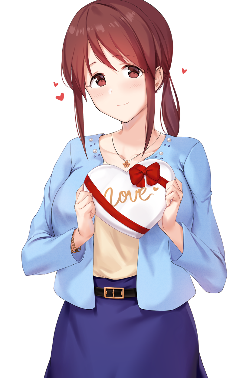 1girl beige_shirt belt blue_jacket blue_skirt blush box bracelet breasts brown_eyes brown_hair collarbone deneb_(noble324) gift gift_box happy_valentine heart-shaped_box highres holding holding_gift idolmaster idolmaster_cinderella_girls jacket jewelry large_breasts long_hair long_sleeves looking_at_viewer mifune_miyu necklace open_clothes open_jacket ponytail sidelocks simple_background skirt smile solo valentine white_background