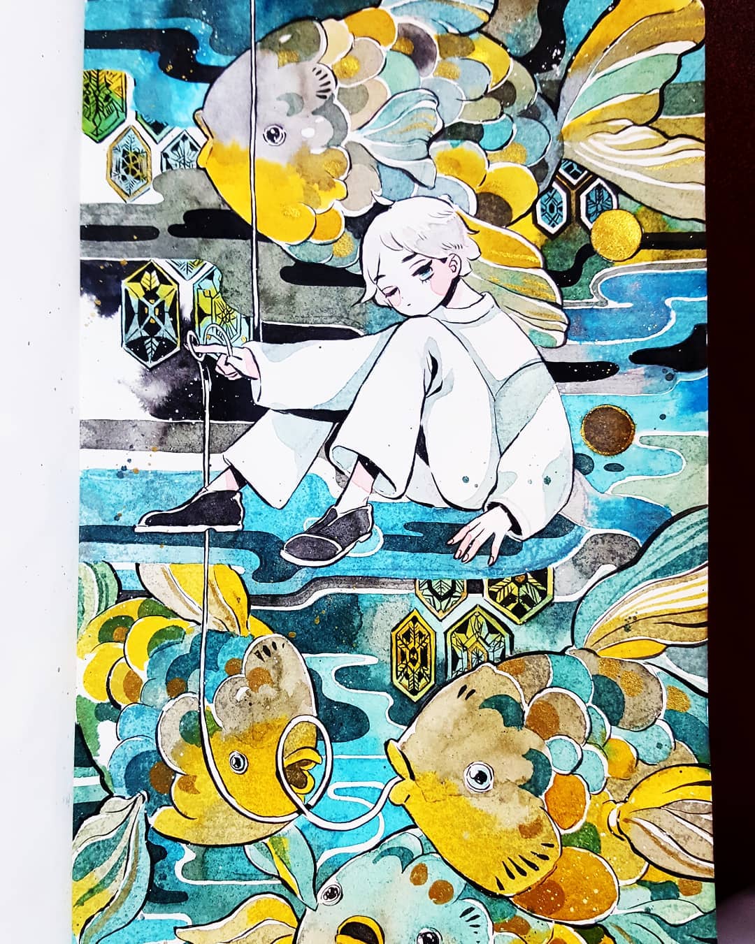 abstract_background androgynous black_footwear blue_eyes fish hexagon highres in_mouth knees_up long_sleeves looking_at_viewer maruti_bitamin one_eye_closed original pants shirt shoes short_hair solo traditional_media watercolor_(medium) white_hair white_pants white_shirt