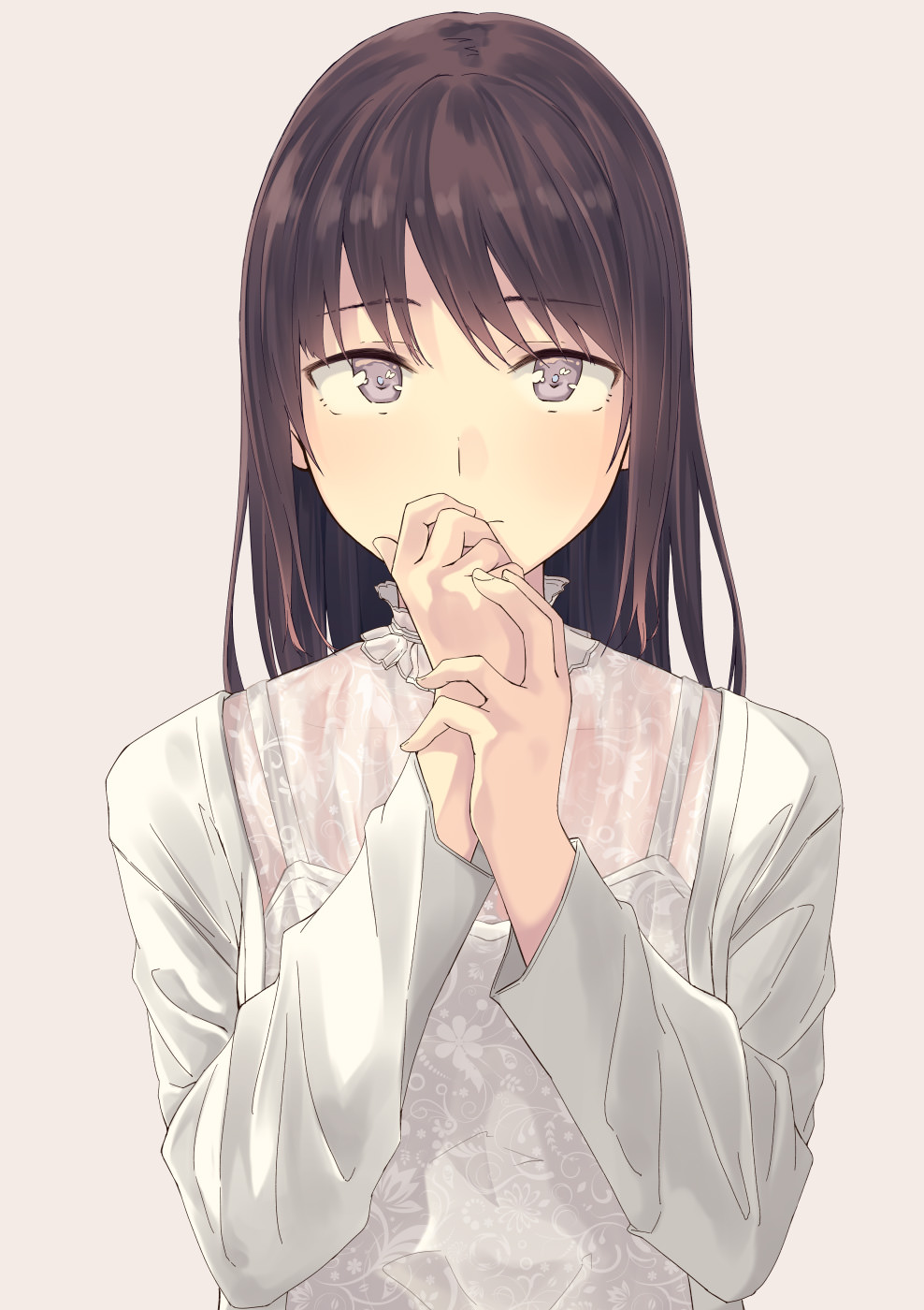1girl bangs blush breasts brown_background brown_eyes closed_mouth commentary_request dress eyebrows_visible_through_hair hands_up highres hiwatari_rin jacket long_hair long_sleeves looking_at_viewer open_clothes open_jacket original own_hands_together see-through simple_background solo upper_body white_dress white_jacket
