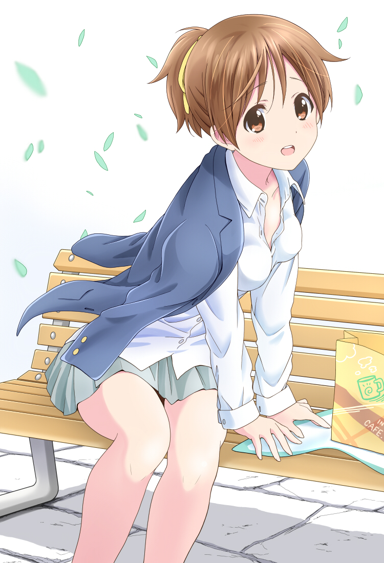 1girl :d bag bench blazer blue_jacket blurry_foreground brown_eyes brown_hair collarbone dresstrip eyebrows_visible_through_hair feet_out_of_frame grey_skirt hirasawa_ui jacket k-on! long_sleeves looking_at_viewer open_mouth outdoors paper_bag petals ponytail round_teeth sakuragaoka_high_school_uniform school_uniform shirt sitting skirt smile solo teeth white_background white_shirt