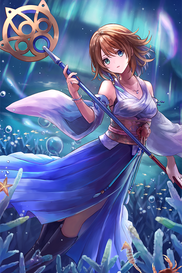 1girl animal aurora bangs bare_shoulders black_footwear blue_eyes boots breasts brown_hair cleavage coral crab detached_sleeves final_fantasy final_fantasy_x fish green_eyes hakama hakama_skirt heterochromia holding holding_staff japanese_clothes jewelry long_sleeves looking_at_viewer medium_breasts necklace obi open_mouth purple_hakama ribbon-trimmed_sleeves ribbon_trim ring sasanomesi sash seahorse short_hair solo staff starfish wide_sleeves yuna_(ff10)