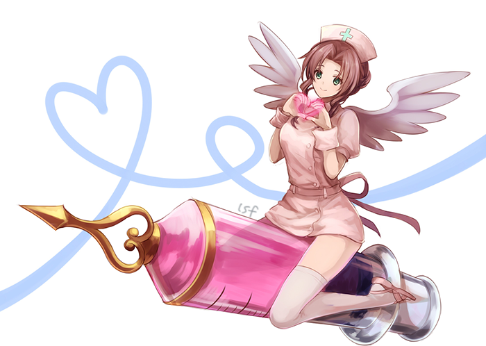 1girl aerith_gainsborough alternate_costume breasts brown_hair buttons closed_mouth dress final_fantasy final_fantasy_vii full_body green_eyes hair_intakes hands_up hat heart heart_hands heart_of_string long_hair medium_breasts nurse nurse_cap oversized_object pink_dress pink_footwear pink_hat puffy_short_sleeves puffy_sleeves sasanomesi short_dress short_sleeves smile solo syringe thigh-highs white_background white_legwear white_wings wings