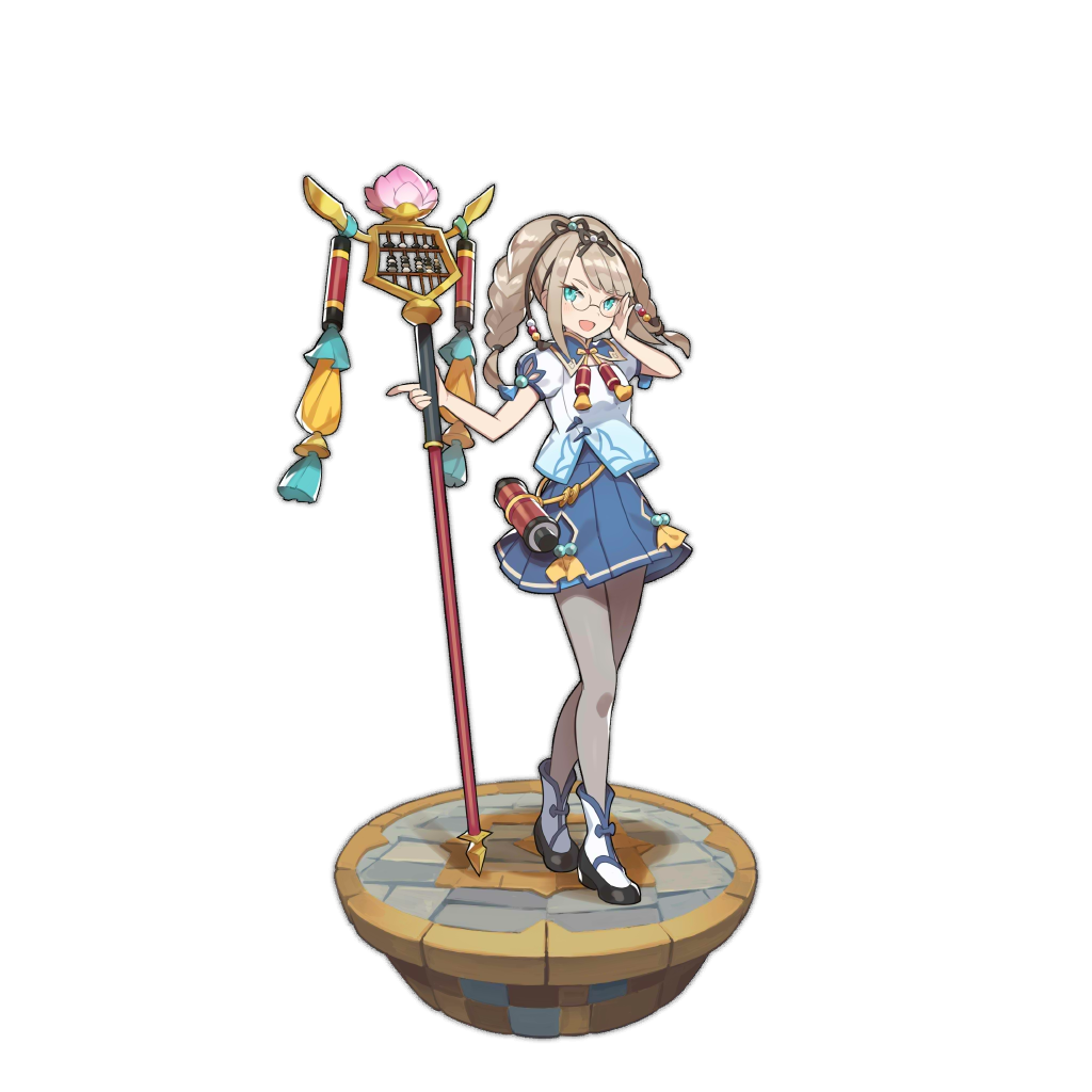 aqua_eyes artist_request dragalia_lost flower glasses hair_ornament looking_at_viewer non-web_source official_art scroll skirt staff standing transparent_background xiao_lei