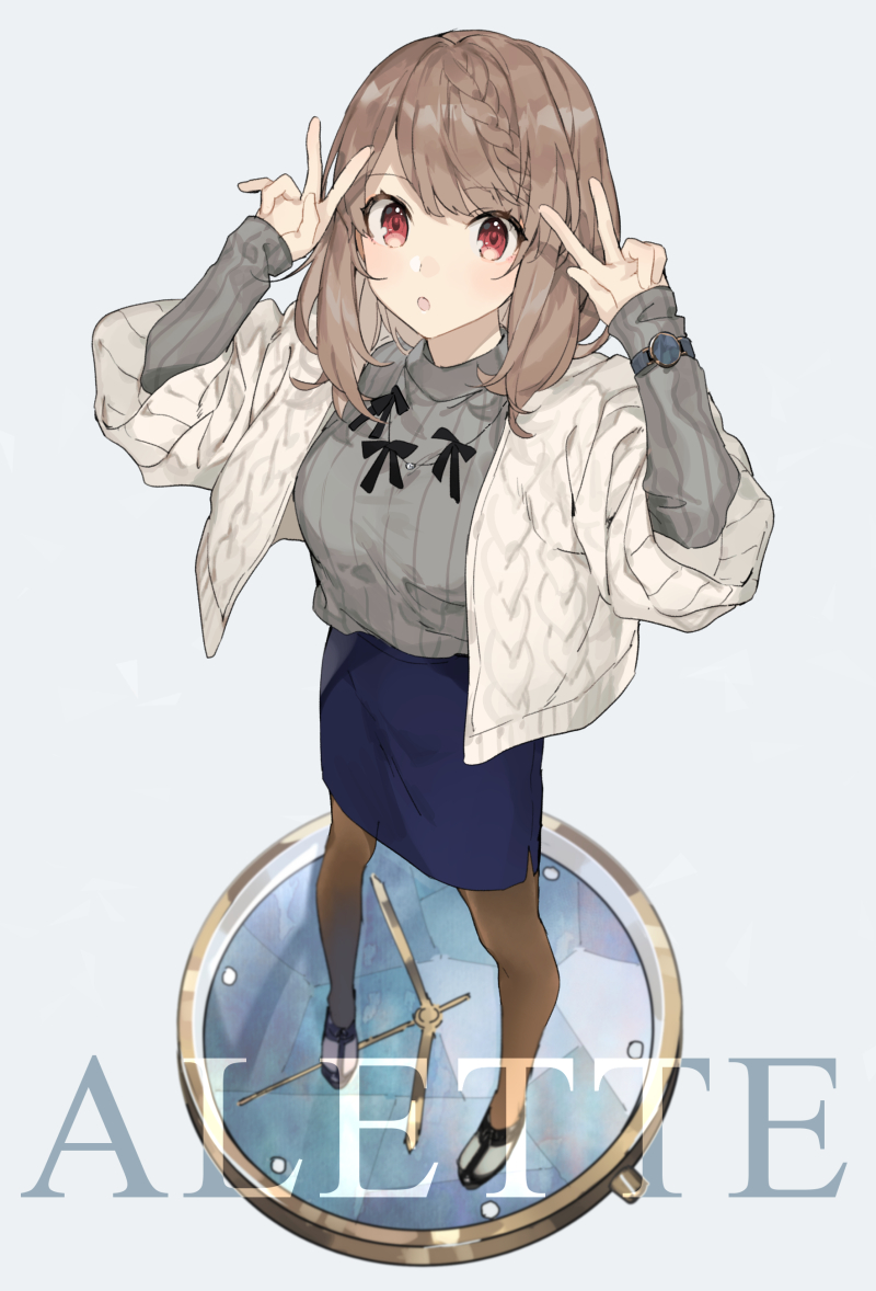 1girl :o arms_up blue_skirt blush braid brown_hair brown_jacket brown_legwear commentary_request full_body grey_background grey_sweater jacket long_hair long_sleeves open_clothes open_jacket original pantyhose parted_lips pencil_skirt pocket_watch red_eyes ribbed_sweater shirako_miso simple_background skirt sleeves_past_wrists solo standing sweater watch watch