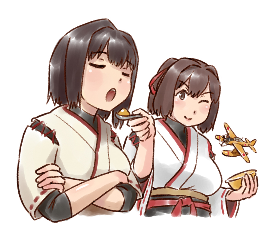 2girls aircraft airplane bowl brown_eyes brown_hair closed_eyes commentary_request cropped_torso crossed_arms e16a_zuiun feeding hair_intakes hair_ribbon hyuuga_(kantai_collection) ise_(kantai_collection) japanese_clothes kantai_collection karasu_(naoshow357) multiple_girls open_mouth ponytail remodel_(kantai_collection) ribbon short_hair short_ponytail simple_background spoon undershirt upper_body white_background