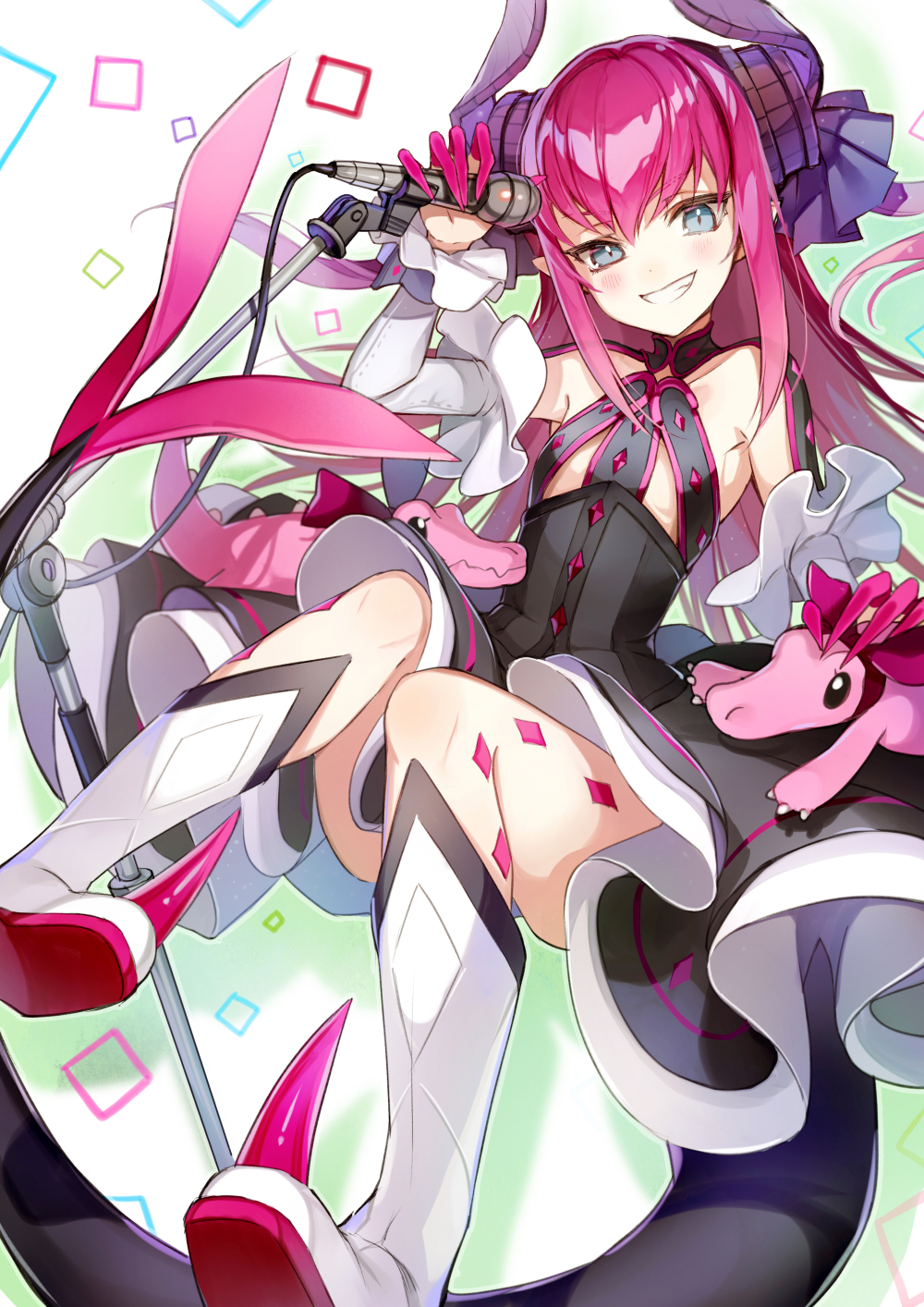 1girl armor bangs blue_eyes blush breasts cocorip curled_horns detached_sleeves dragon_girl dragon_horns dragon_tail dress elizabeth_bathory_(fate) elizabeth_bathory_(fate)_(all) eyebrows_visible_through_hair fate_(series) hair_ribbon highres horns long_hair looking_at_viewer open_mouth pink_hair pointy_ears ribbon small_breasts smile solo tail two_side_up