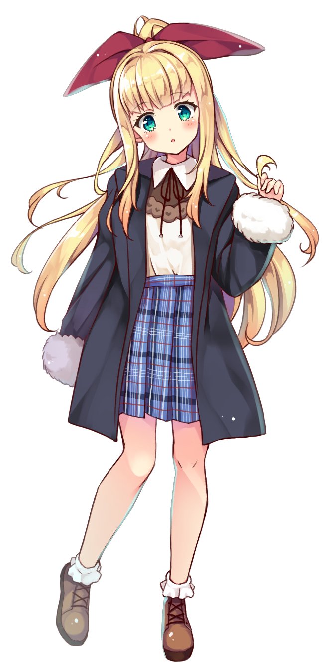 1girl alternate_costume bangs black_coat blonde_hair blush bow brown_footwear coat full_body fur_trim green_eyes hair_bow highres long_hair long_sleeves miniskirt moeki_yuuta mononobe_alice nijisanji open_clothes open_coat parted_lips plaid plaid_skirt red_bow shoes sidelocks skirt solo standing very_long_hair virtual_youtuber white_background