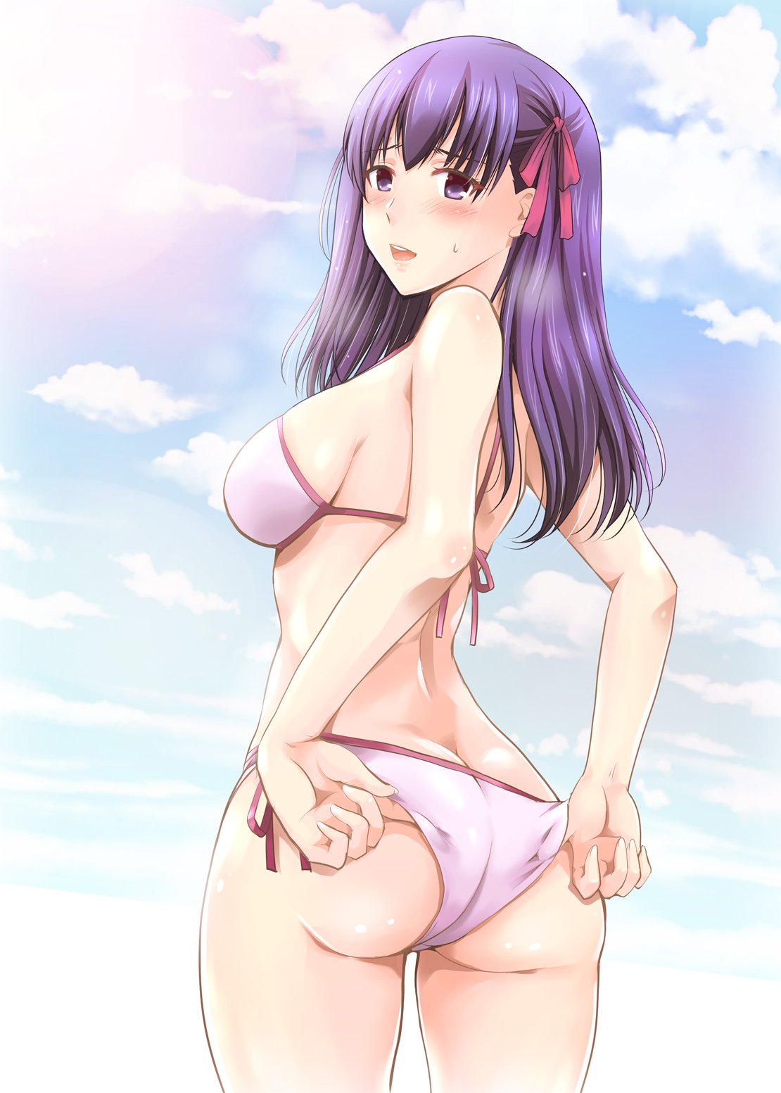 1girl adjusting_clothes adjusting_swimsuit arino_hiroshi ass bikini blue_sky blush butt_crack clouds commentary_request cowboy_shot day emiya-san_chi_no_kyou_no_gohan fate/hollow_ataraxia fate/stay_night fate_(series) from_behind hair_ribbon heaven's_feel highres long_hair matou_sakura open_mouth outdoors purple_hair red_ribbon ribbon side-tie_bikini sky solo swimsuit upper_teeth violet_eyes