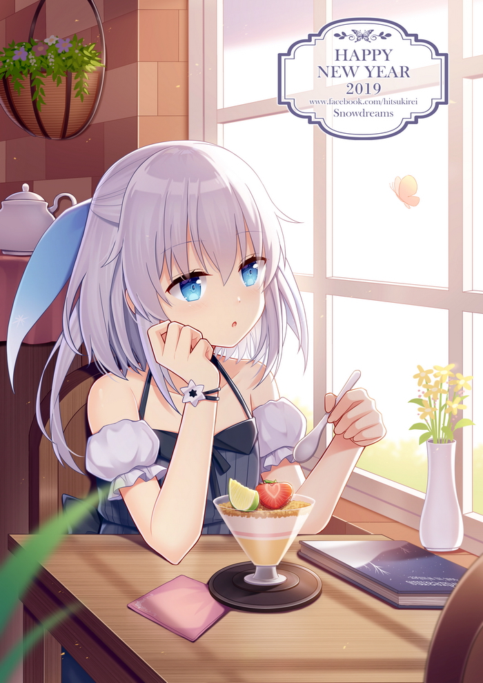 1girl 2019 :o bare_shoulders black_dress blue_eyes blue_ribbon blurry book bracelet bug butterfly chair commentary_request cup day depth_of_field dessert detached_sleeves dress flower food fruit hair_ribbon halterneck hand_up happy_new_year hitsuki_rei holding holding_spoon indoors insect jewelry long_hair new_year parted_lips plant puffy_short_sleeves puffy_sleeves ribbon short_sleeves sidelocks sitting snowdreams_-lost_in_winter- solo spoon strawberry sunlight table teapot vase white_hair window