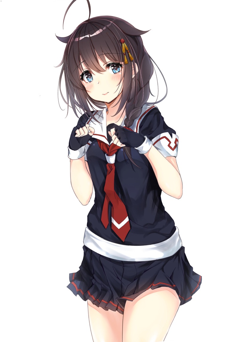 1girl black_hair black_serafuku blue_eyes blush braid closed_mouth eyebrows_visible_through_hair fingerless_gloves gloves hair_between_eyes hair_flaps hair_ornament hair_over_shoulder hair_ribbon hairclip hasaki_(alice_ruru) kantai_collection neckerchief pleated_skirt red_neckwear remodel_(kantai_collection) ribbon school_uniform serafuku shigure_(kantai_collection) single_braid skirt solo