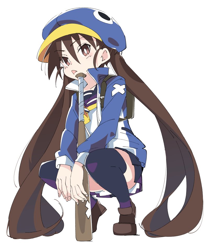 1girl baseball_bat blue_hat brown_eyes brown_hair disgaea hat ixy jacket kazamatsuri_fuuka long_hair makai_senki_disgaea_4 school_uniform skirt solo twintails