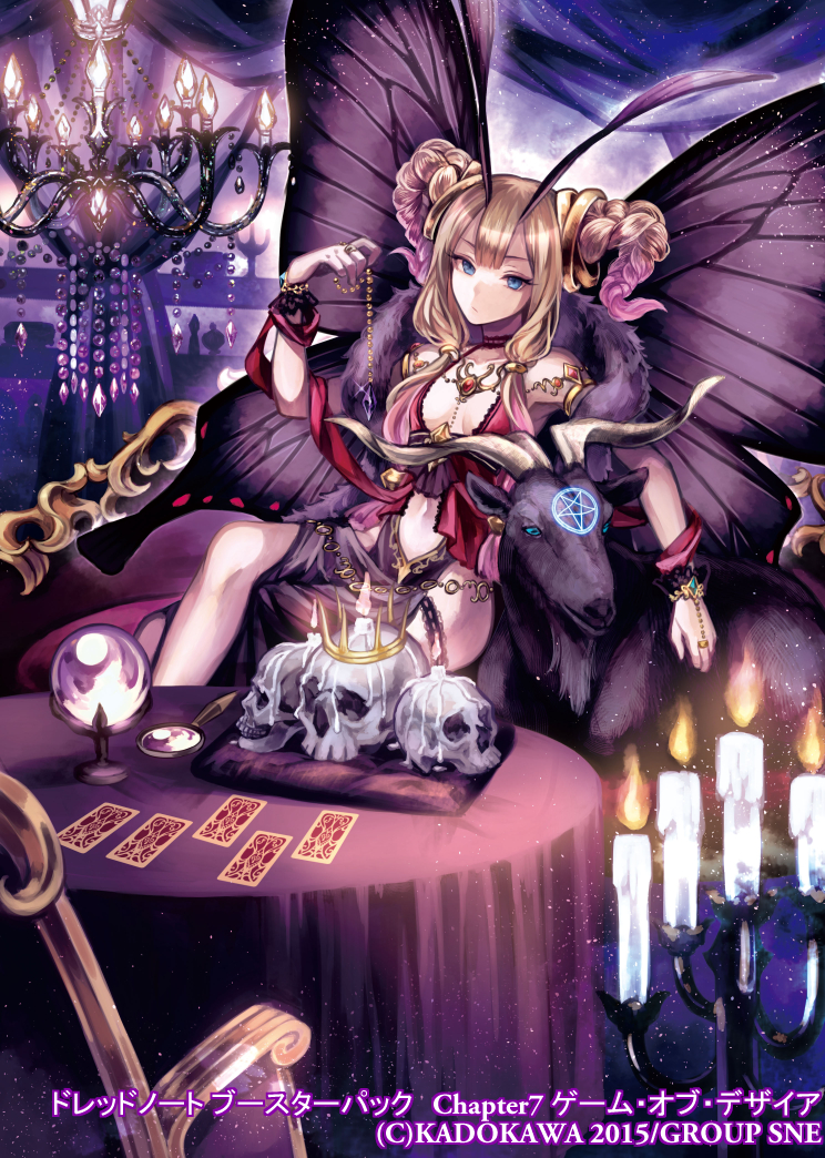 1girl antennae blue_eyes braid breasts bug butterfly butterfly_wings candle candlestand chair chandelier choker company_name crown crystal_ball fur_scarf gem goat indoors insect koushi_rokushiro looking_at_viewer magnifying_glass medium_breasts official_art scrunchie sidelocks sitting skull spread_legs table tablecloth tarot twin_braids wings wrist_scrunchie