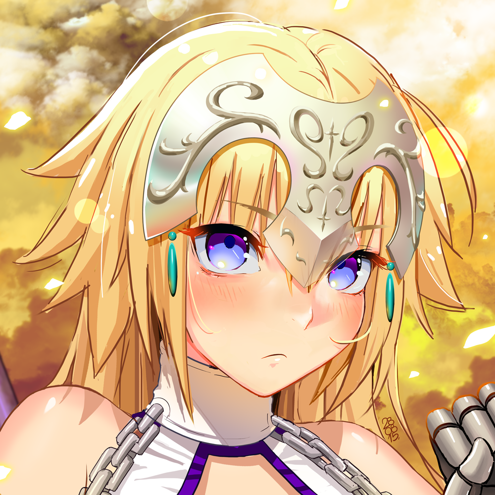1girl bare_shoulders blonde_hair blue_eyes chains dated face fate/grand_order fate_(series) frown gauntlets headpiece jeanne_d'arc_(fate) jeanne_d'arc_(fate)_(all) lens_flare portrait rangsiwut_sangwatsharakul solo