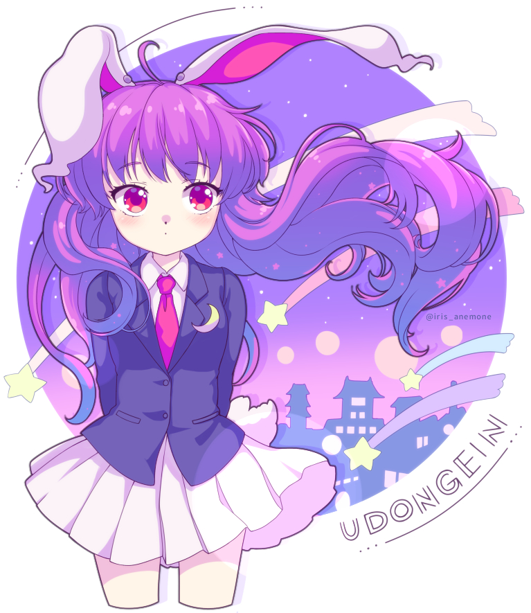 1girl ahoge animal_ears arms_behind_back blazer blush bunny_tail character_name closed_mouth collared_shirt cowboy_shot crescent crescent_moon_pin cropped_legs dress_shirt floating_hair iris_anemone jacket long_hair long_sleeves looking_at_viewer miniskirt necktie night night_sky pleated_skirt purple_hair rabbit_ears red_eyes red_neckwear reisen_udongein_inaba shirt shooting_star skirt sky solo star star_(sky) starry_sky tail touhou twitter_username white_shirt white_skirt wing_collar