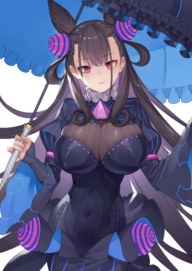 1girl black_dress black_hair breasts covered_navel cowboy_shot double_bun dress fate/grand_order fate_(series) frills gem haijin holding holding_umbrella impossible_clothes large_breasts light_smile long_hair looking_at_viewer murasaki_shikibu_(fate) simple_background solo umbrella violet_eyes white_background