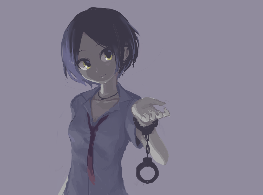 1girl arm_at_side arm_up breasts closed_mouth collared_shirt commentary_request cuffs green_eyes grey_background handcuffs hayami_kanade idolmaster idolmaster_cinderella_girls jewelry naname_(fossama1) necklace necktie red_neckwear shirt short_hair short_sleeves simple_background small_breasts solo