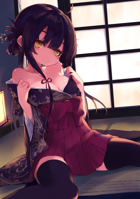 1girl ahoge bangs bare_shoulders black_hair black_legwear bow breasts cleavage collarbone commentary_request door dress dress_pull eyebrows_visible_through_hair feet_out_of_frame hair_between_eyes hair_ribbon indoors japanese_clothes kanari_no_binetsu large_breasts no_nose original red_bow red_ribbon ribbon short_hair short_hair_with_long_locks solo thigh-highs wide_sleeves yellow_eyes