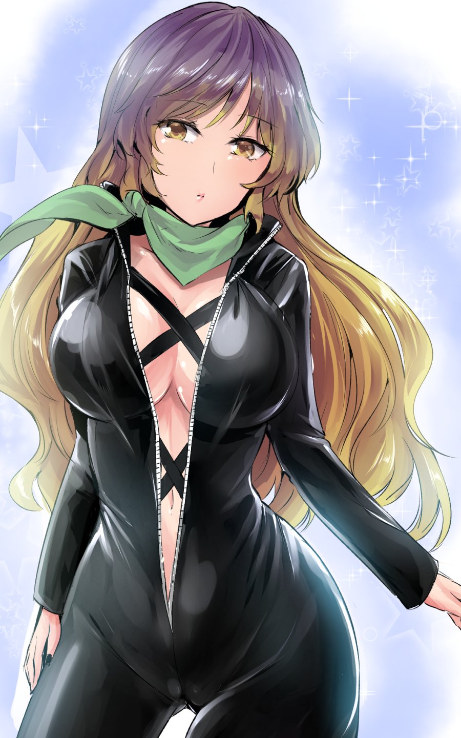1girl alternate_costume bandanna bangs biker_clothes bikesuit black_bodysuit black_nails blonde_hair blue_background bodysuit breasts commentary_request cowboy_shot cross-laced_clothes eyebrows_visible_through_hair gluteal_fold gradient_hair head_tilt highres hijiri_byakuren large_breasts long_hair long_sleeves looking_at_viewer multicolored_hair nail_polish navel pink_lips purple_hair solo sparkle standing star thighs touhou y2 yellow_eyes zipper
