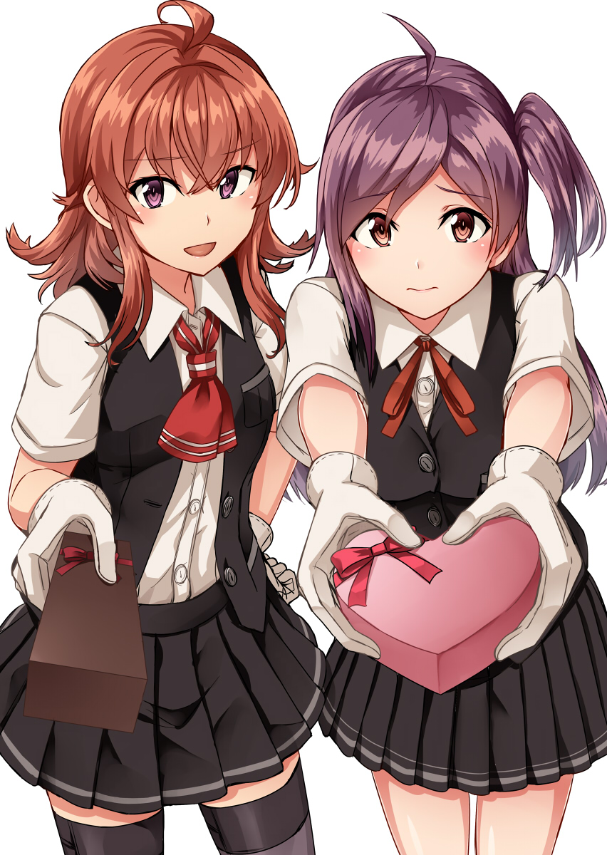 2girls ahoge arashi_(kantai_collection) artist_name asymmetrical_hair black_legwear black_skirt black_vest blouse breasts chocolate chocolate_heart collared_shirt cowboy_shot dated gloves gradient gradient_background grey_legwear hagikaze_(kantai_collection) heart highres kamelie kantai_collection kerchief long_hair looking_at_viewer medium_breasts messy_hair multiple_girls neck_ribbon neckerchief one_side_up open_clothes open_mouth open_vest pleated_skirt purple_hair red_neckwear red_ribbon redhead ribbon school_uniform shirt short_sleeves simple_background skirt small_breasts smile thigh-highs valentine vest violet_eyes white_background white_blouse white_gloves yellow_eyes