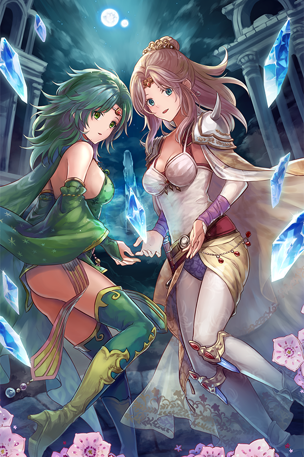 2girls bare_shoulders blonde_hair blue_eyes boots breasts bridal_gauntlets cape circlet cleavage crystal detached_sleeves earrings final_fantasy final_fantasy_iv full_moon green_eyes green_hair green_legwear high_heel_boots high_heels jewelry long_hair long_sleeves looking_at_viewer medium_breasts moon multiple_girls open_mouth pantyhose ponytail rosa_farrell rydia sasanomesi shoulder_pads showgirl_skirt spikes thigh-highs white_cape white_legwear yellow_footwear