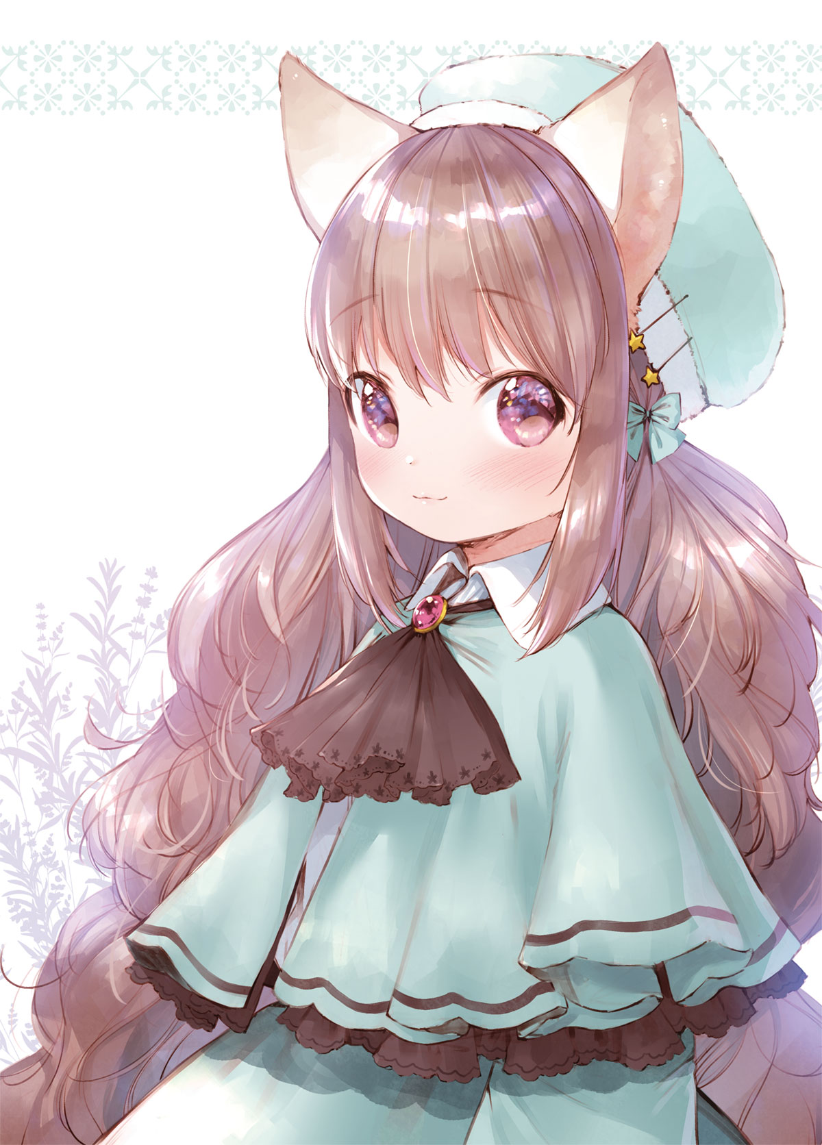 1girl :3 animal_ears beret blush brooch brown_eyes brown_hair brown_neckwear closed_mouth collared_shirt green_capelet green_hat green_skirt hat highres jewelry long_hair mutou_mato original shirt simple_background skirt solo star very_long_hair white_background white_shirt