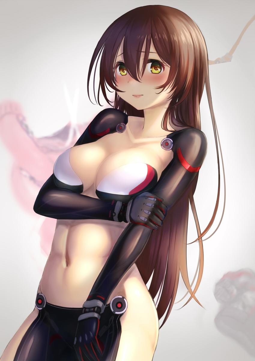 1girl bangs black_gloves black_pants blush breast_hold breasts brown_hair cleavage collarbone cowboy_shot elbow_gloves eyebrows_visible_through_hair frown gloves gradient gradient_background grey_background hair_between_eyes hand_on_own_arm highres koko_(koko3) long_hair looking_at_viewer medium_breasts navel nose_blush pants revealing_clothes roboco-san roboco_ch. solo stomach tareme very_long_hair virtual_youtuber yellow_eyes