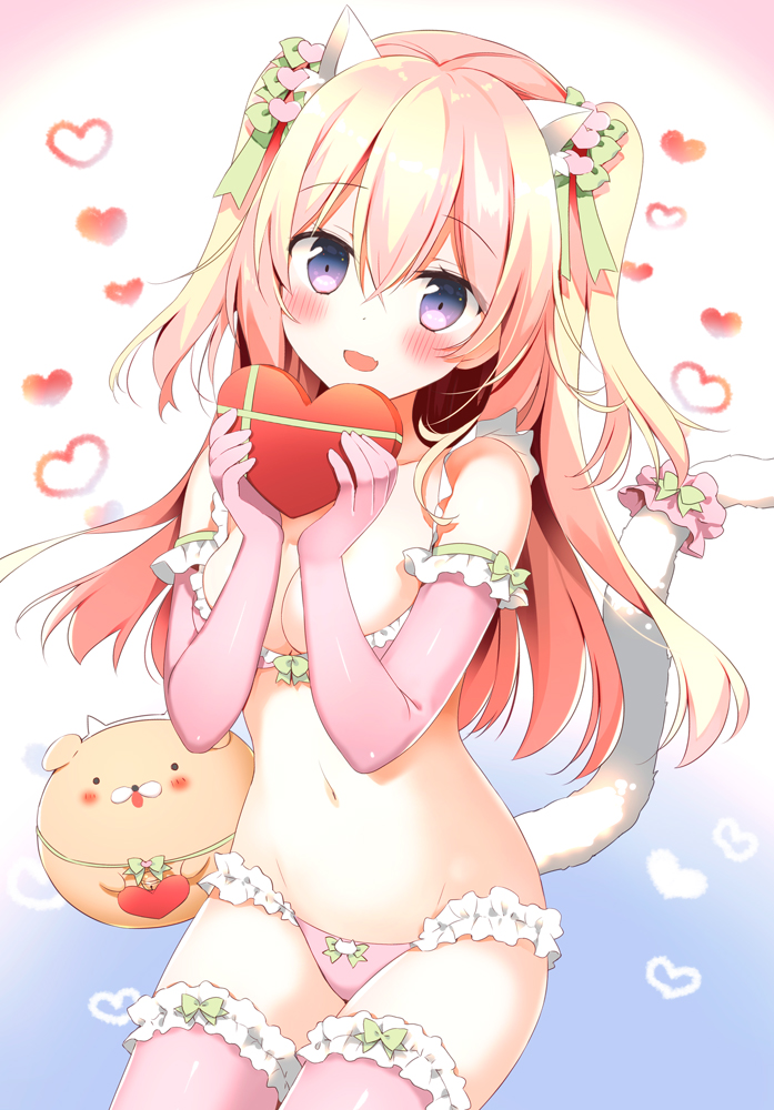 1girl :d amanatsu_purin_(yadapot) animal_ears bare_shoulders blue_eyes blush box bra breasts cat_ears cat_tail cleavage commentary_request cowboy_shot elbow_gloves fang frilled_bra frilled_panties frills gift gift_box gloves groin hair_between_eyes hair_ornament head_tilt heart heart-shaped_box holding holding_box long_hair looking_at_viewer medium_breasts navel open_mouth original panties pink_bra pink_gloves pink_legwear pink_panties ribbon sidelocks smile solo standing stomach tail tail_ribbon thigh-highs two_side_up underwear valentine yadapot