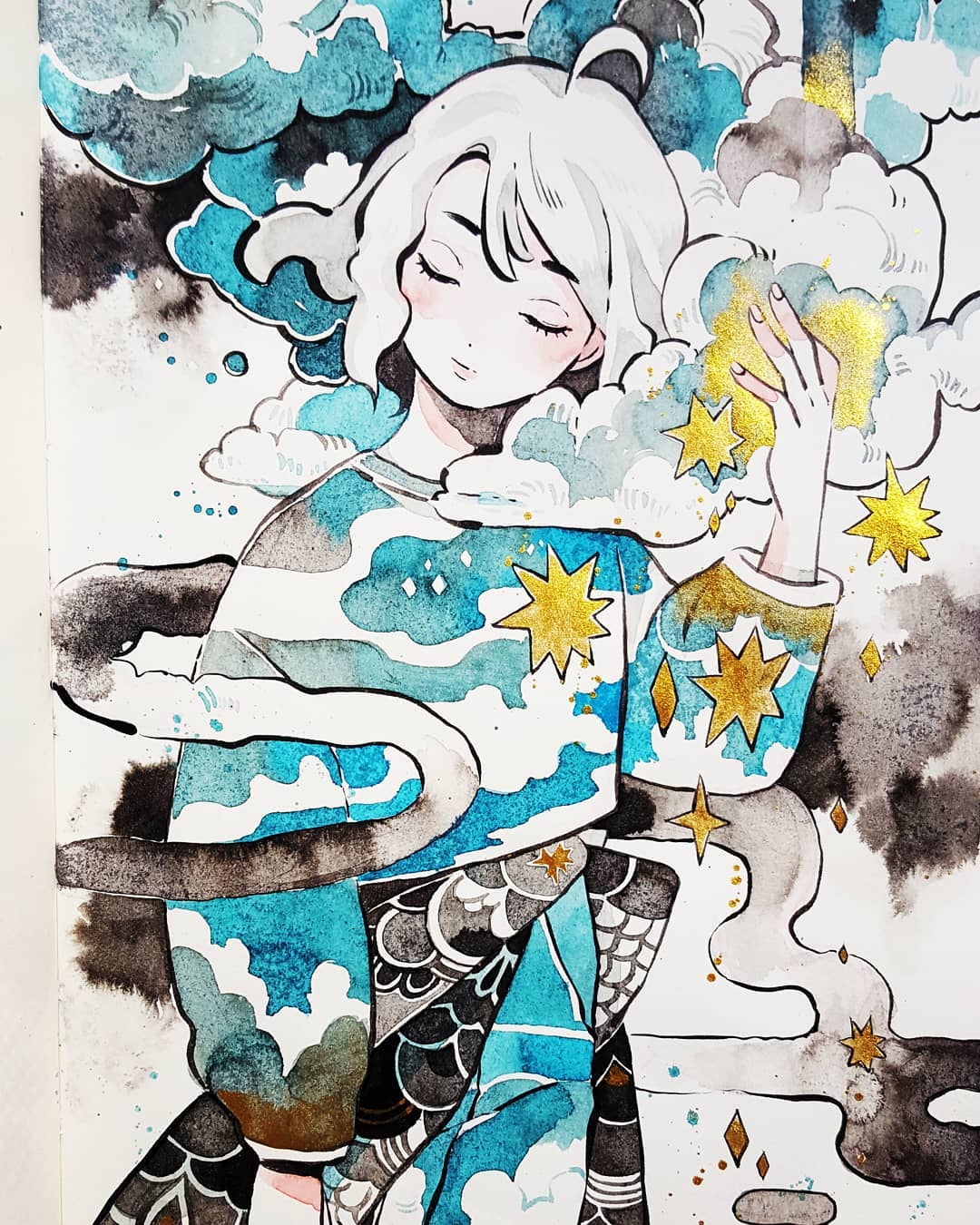 1girl closed_eyes clouds cowboy_shot eyebrows_visible_through_hair highres long_sleeves maruti_bitamin original short_hair solo star traditional_media watercolor_(medium) white_hair