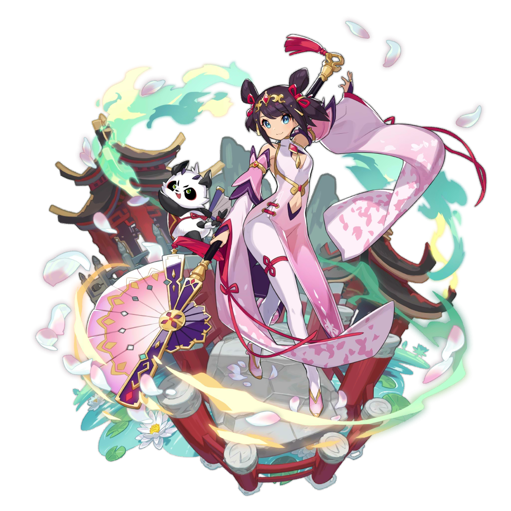artist_request blue_eyes brown_hair china_dress chinese_clothes dragalia_lost dress fan lin_you long_sleeves looking_at_viewer non-web_source official_art pagoda panda standing wide_sleeves