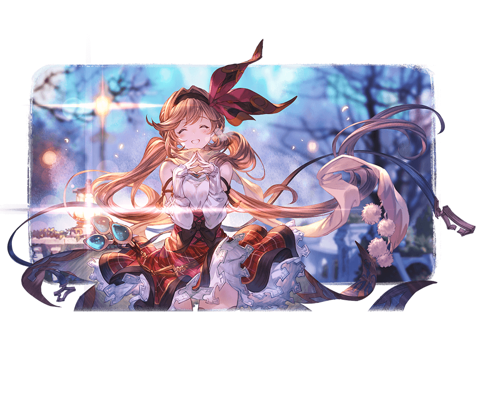 1girl :d ^_^ bare_tree belt black_bow black_legwear blush bottle bow brown_hair clarisse_(granblue_fantasy) closed_eyes closed_eyes corset detached_sleeves granblue_fantasy hair_ribbon hairband lamppost long_hair looking_at_viewer low_twintails minaba_hideo official_art open_mouth outdoors plaid plaid_skirt pom_pom_(clothes) red_skirt ribbon scarf skirt smile solo tears thigh-highs transparent_background tree twintails very_long_hair white_scarf