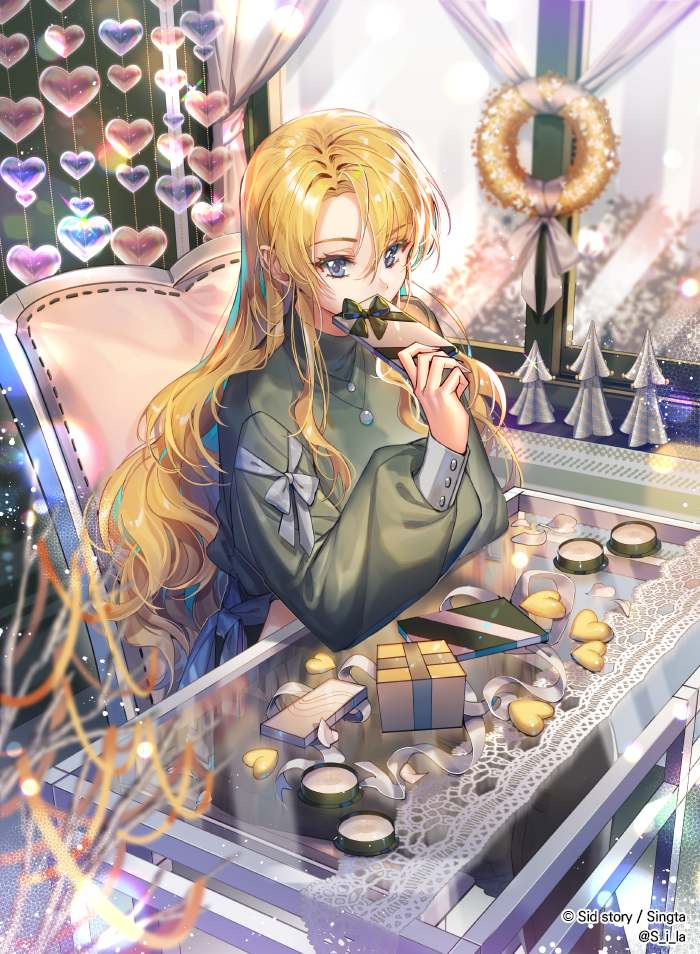 1girl apron artist_name blonde_hair blue_eyes chair chocolate copyright elbows_on_table gift hand_up heart indoors interitio lace long_hair long_sleeves official_art see-through sid_story sitting solo valentine very_long_hair window wreath
