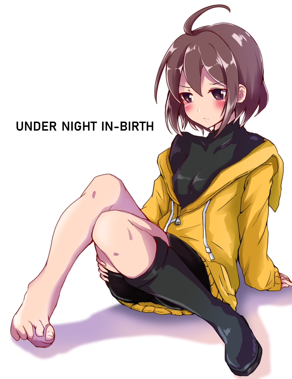 1girl ahoge barefoot bike_shorts blush boots breasts brown_hair commentary_request copyright_name erin_ixia feet full_body highres hood hoodie knee_boots knees_together_feet_apart linne off_shoulder shoes short_hair single_shoe sitting sleeves_past_wrists small_breasts solo toes under_night_in-birth violet_eyes