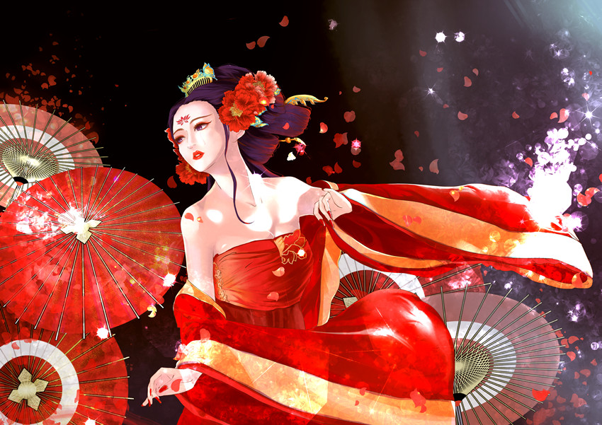 1girl bare_shoulders breasts chinese_clothes cleavage comb dark_background detached_sleeves dress facial_mark female flower forehead_mark hair_flower hair_ornament hair_up highres lipstick luna_ouyang makeup nail_polish neck oriental_umbrella original parted_lips petals purple_hair red_detached_sleeves red_dress red_lipstick red_nails red_umbrella small_breasts solo standing strapless strapless_dress umbrella violet_eyes wide_sleeves