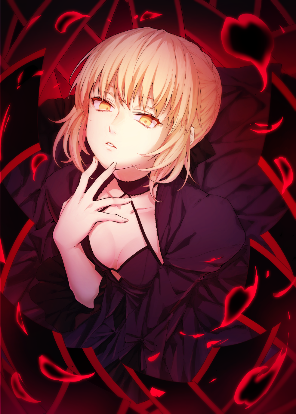 1girl ahoge artoria_pendragon_(all) bandage bangs black_choker black_dress blonde_hair braid breasts choker cleavage dress fate/stay_night fate_(series) from_above gothic_lolita halterneck heaven's_feel highres honotai lolita_fashion long_sleeves looking_at_viewer medium_breasts parted_lips puffy_long_sleeves puffy_sleeves saber_alter solo wide_sleeves yellow_eyes