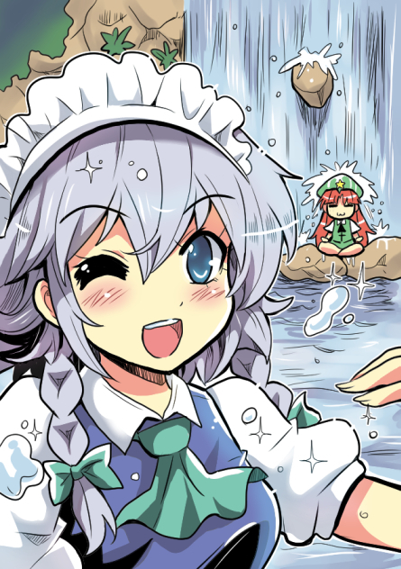 2girls ascot blue_sky blush_stickers bow braid circle_cut colonel_aki hair_between_eyes hair_bow hand_up hat hong_meiling indian_style izayoi_sakuya long_hair maid_headdress meditation multiple_girls one_eye_closed open_mouth redhead rock short_sleeves silver_hair sitting sky smile sparkle touhou twin_braids vest water waterfall