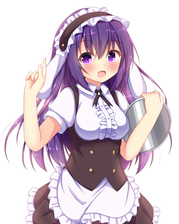 1girl :d animal_ears apron bangs black_hairband black_skirt blush breasts center_frills commentary_request eyebrows_visible_through_hair fleur_de_lapin_uniform frilled_apron frilled_hairband frilled_skirt frills gochuumon_wa_usagi_desu_ka? hair_between_eyes hairband hand_up holding holding_tray kedama_(kedama_akaza) long_hair looking_at_viewer medium_breasts open_mouth puffy_short_sleeves puffy_sleeves purple_hair rabbit_ears shirt short_sleeves simple_background skirt smile solo tedeza_rize tray underbust uniform very_long_hair violet_eyes waist_apron waitress white_apron white_background white_shirt