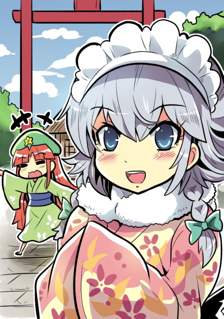 2girls blue_eyes blue_sky blush_stickers bow braid circle_cut colonel_aki eyebrows_visible_through_hair floral_print fur-trimmed_kimono fur_trim hair_between_eyes hair_bow hand_up hands_in_opposite_sleeves hands_together hat hong_meiling izayoi_sakuya japanese_clothes kimono long_hair long_sleeves looking_at_viewer maid_headdress multiple_girls new_year obi open_mouth redhead sash shadow silver_hair sky smile standing star stone_floor torii touhou twin_braids wide_sleeves
