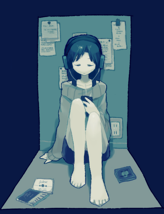 1girl arm_at_side arm_support bangs blue electric_socket full_body headphones holding holding_phone idolmaster long_hair long_sleeves naname_(fossama1) note phone sitting solo sweater