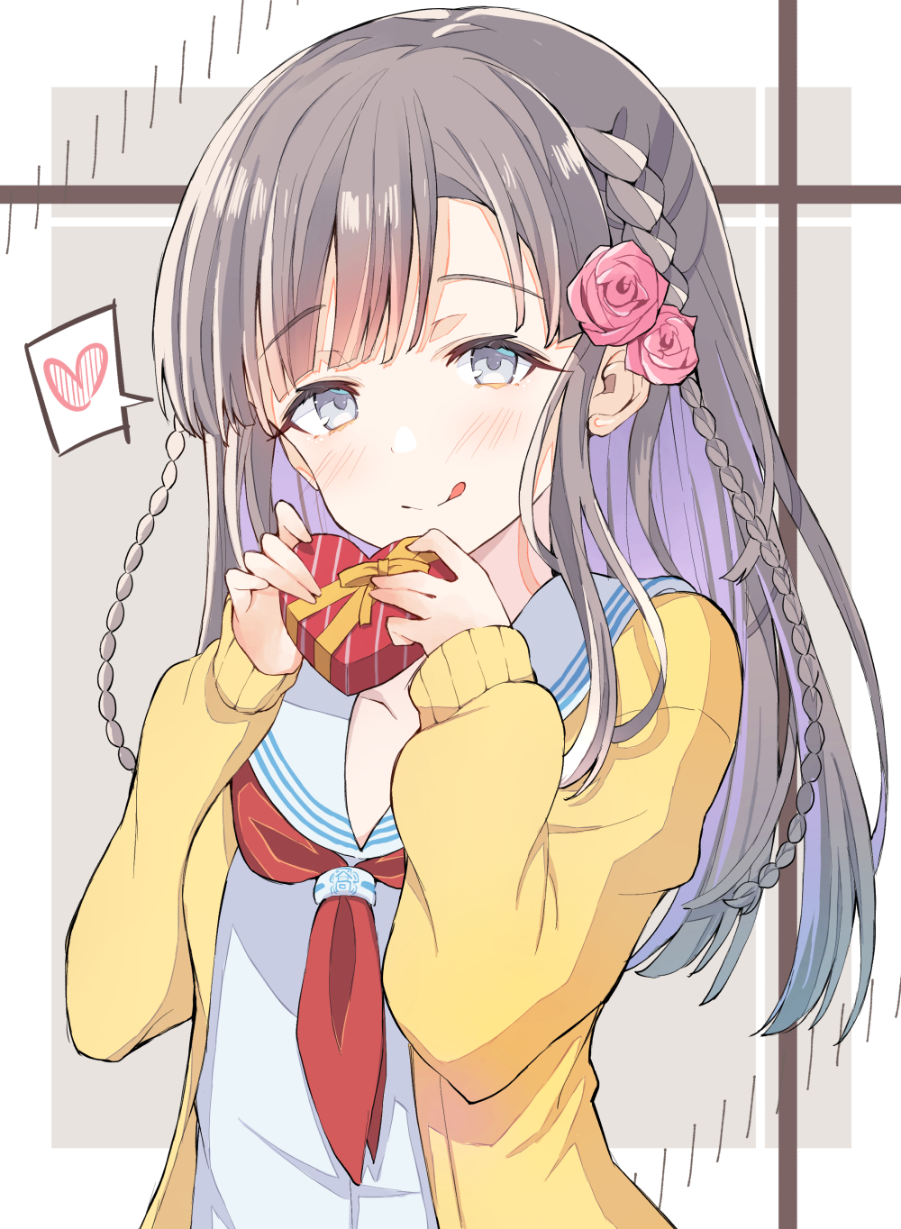 1girl :q bangs blue_eyes blush box braid closed_mouth commentary_request eyebrows_visible_through_hair flower gift gift_box grey_hair hair_flower hair_ornament head_tilt heart heart-shaped_box highres holding holding_gift idolmaster idolmaster_cinderella_girls jacket kobayakawa_sae long_hair long_sleeves neckerchief open_clothes open_jacket pink_flower pink_rose red_neckwear rose sailor_collar school_uniform serafuku shirt side_braid sleeves_past_wrists smile solo spoken_heart tongue tongue_out twin_braids ultone_(neisiss) white_sailor_collar white_shirt yellow_jacket