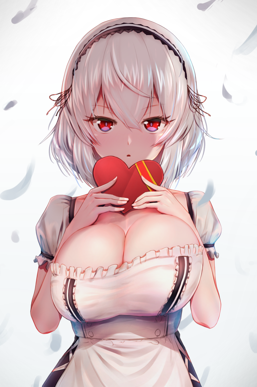 1girl apron azur_lane box breasts cleavage collarbone commentary_request dress frilled_dress frills hair_between_eyes hands_up headdress heart-shaped_box highres holding holding_box large_breasts looking_at_viewer parted_lips red_eyes short_hair short_sleeves sirius_(azur_lane) solo standing taut_clothes taut_dress upper_body valentine west_(vaem5527) white_apron white_background white_hair