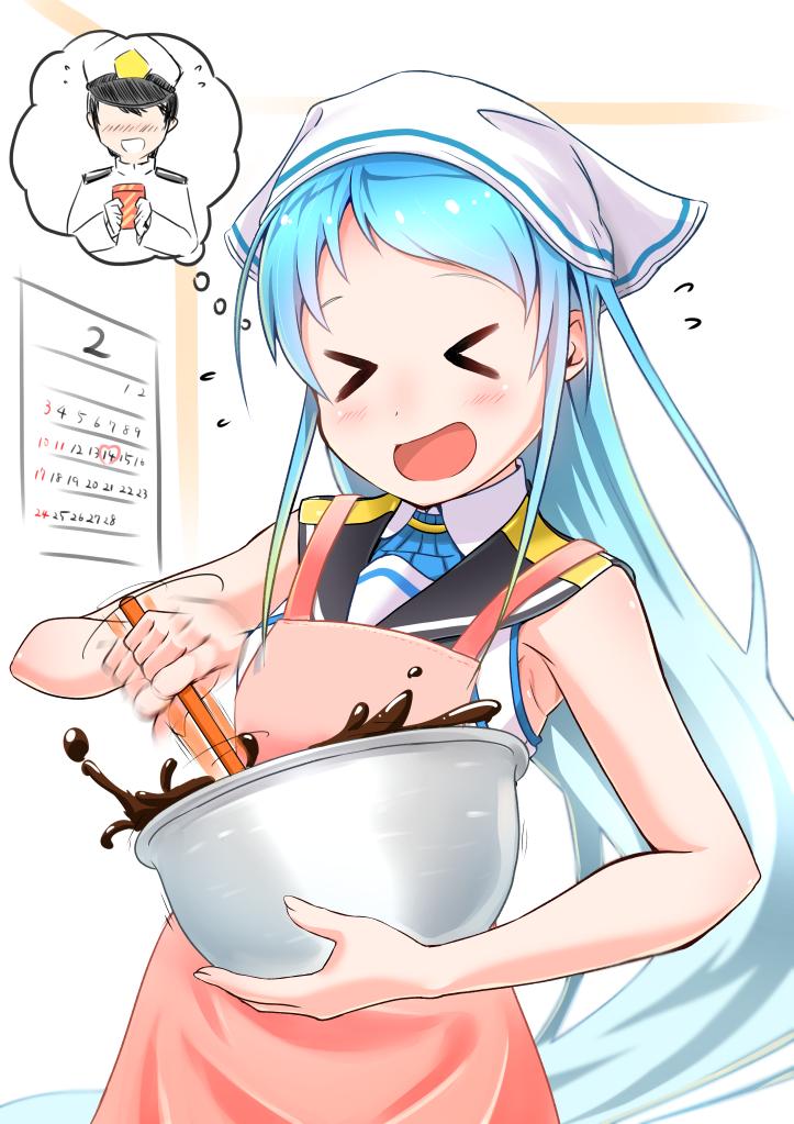 &gt;o&lt; 1girl admiral_(kantai_collection) apron artist_name bangs bare_arms bare_shoulders blue_eyes blue_hair blush bowl calendar_(medium) chocolate clock gift hat headwear holding holding_bowl holding_gift kantai_collection military military_hat military_uniform neckerchief open_mouth red_apron sailor_collar samidare_(kantai_collection) sidelocks sleeveless swept_bangs teardrop thought_bubble uniform white_serafuku yokoshima_(euphoria)